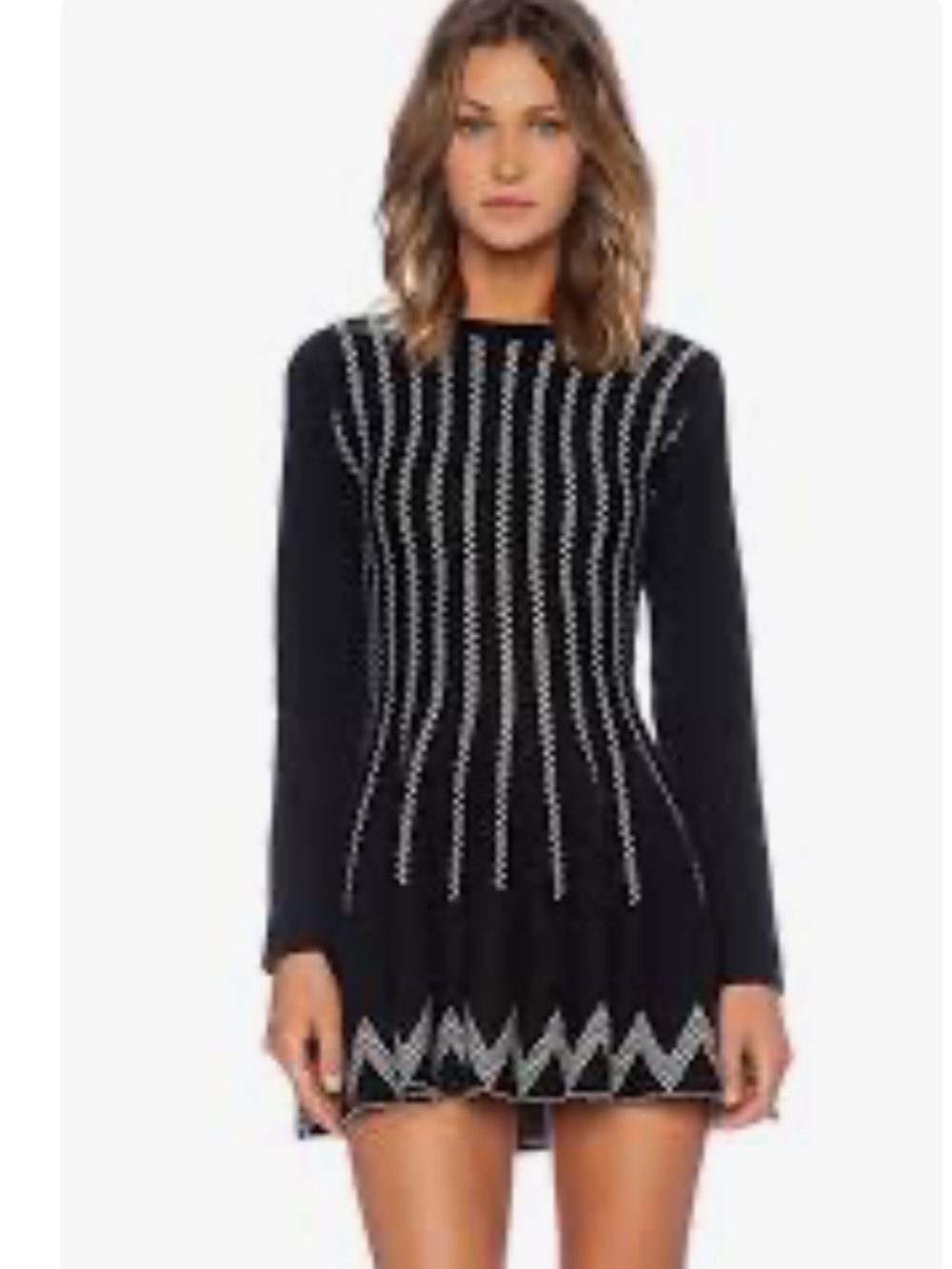 J.O.A. Black Long-Sleeve Knit Dress with White Pattern Stitching 100% Cotton